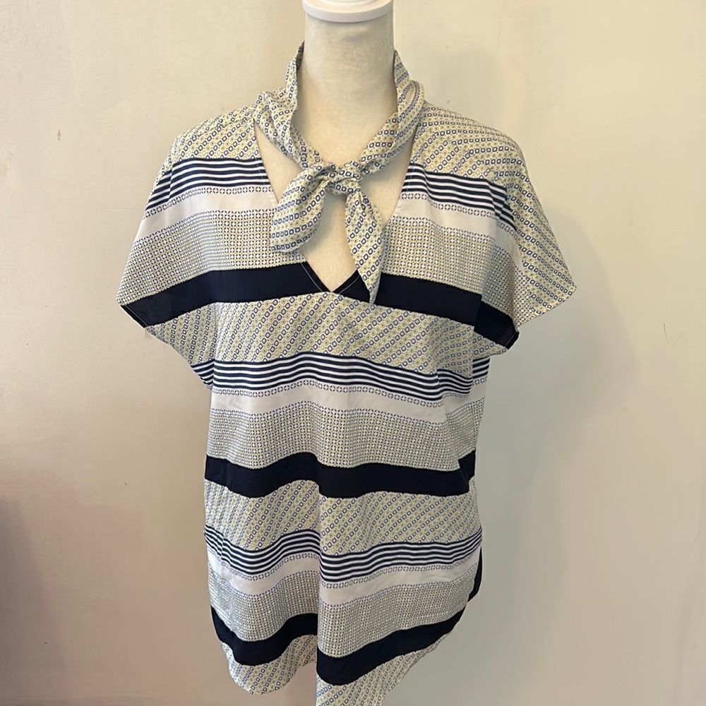 Banana Republic blue yellow patterned tie neck blouse Size M